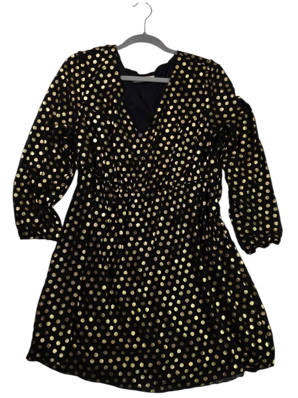 Liberty Love Black Dress with Gold Polka Dots - V-Neck Midi- Size XL